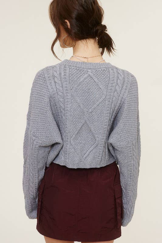 MT1506 CREWNECK CABLE-KNIT LONG SLEEVE CROPPED SWEATER: Brown