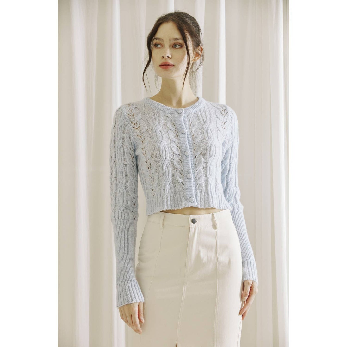 JT5530- MONOCHROMATIC LIGHT CABLE KNIT CARDIGAN: BABY BLUE