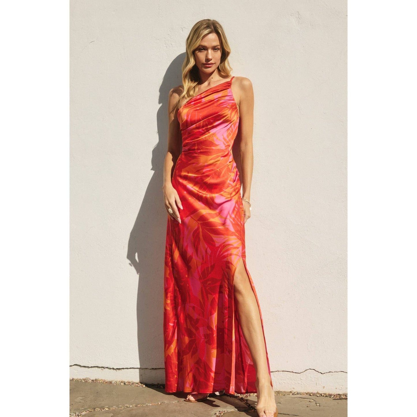 Sunset Lover One Shoulder Ruched Maxi Dress: FLAME SCARLET / FD12686-P1931_1