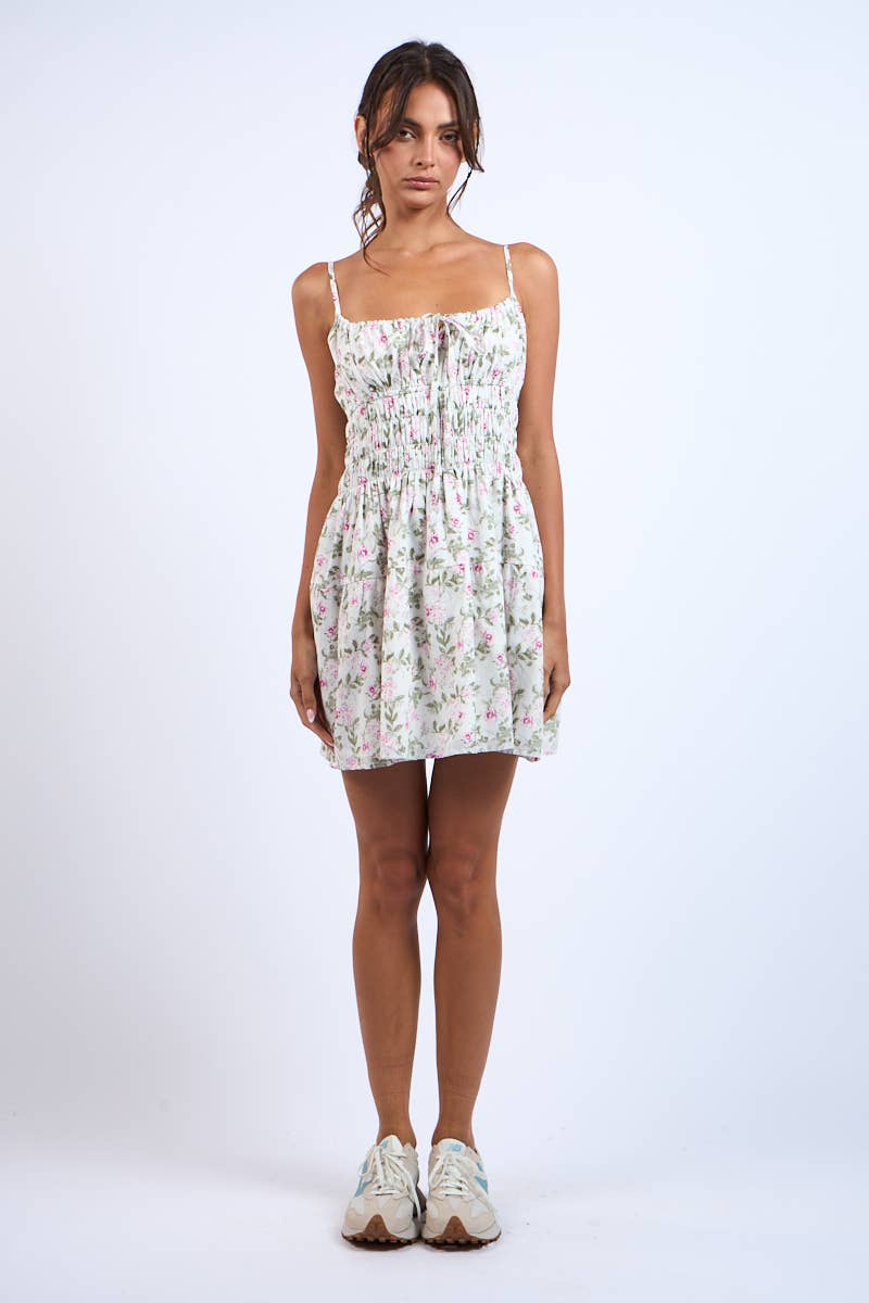 MINT-PINK FLORAL SMOCKED WAIST BAND MINI DRESS: Mint Pink Floral / SM-D20736F