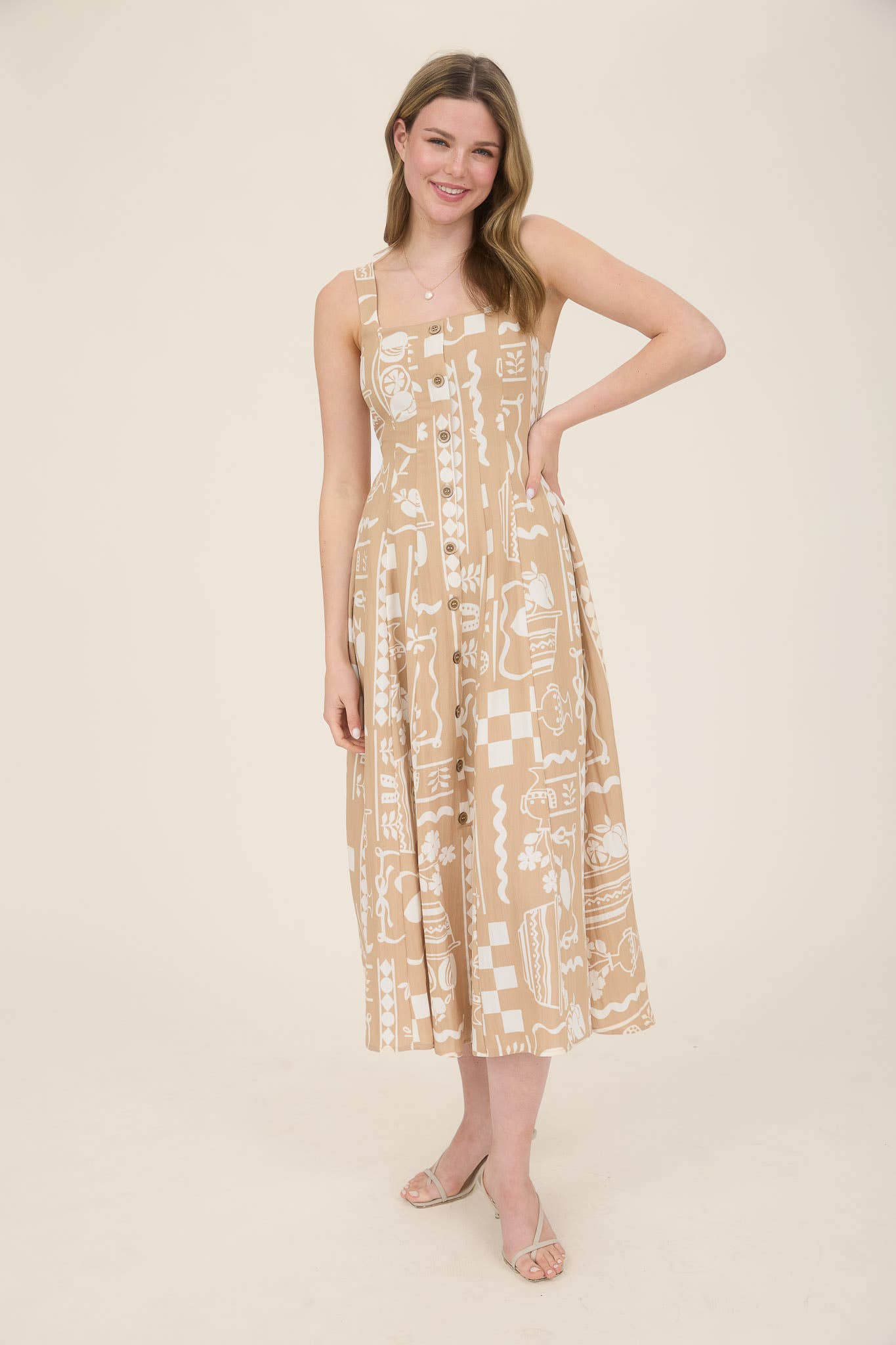 CR2560 BUTTON DOWN SLEEVELESS MIDI DRESS: KHAKI