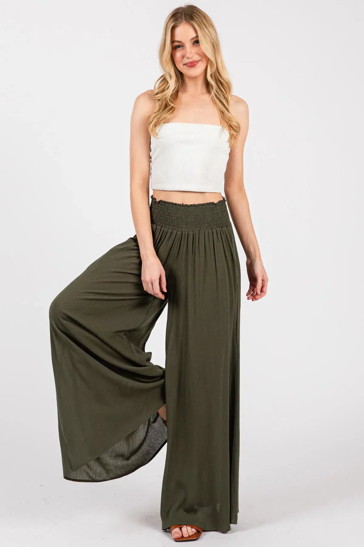 Smocked Waist Wide Leg Pants - NP16530Y: Military Green
