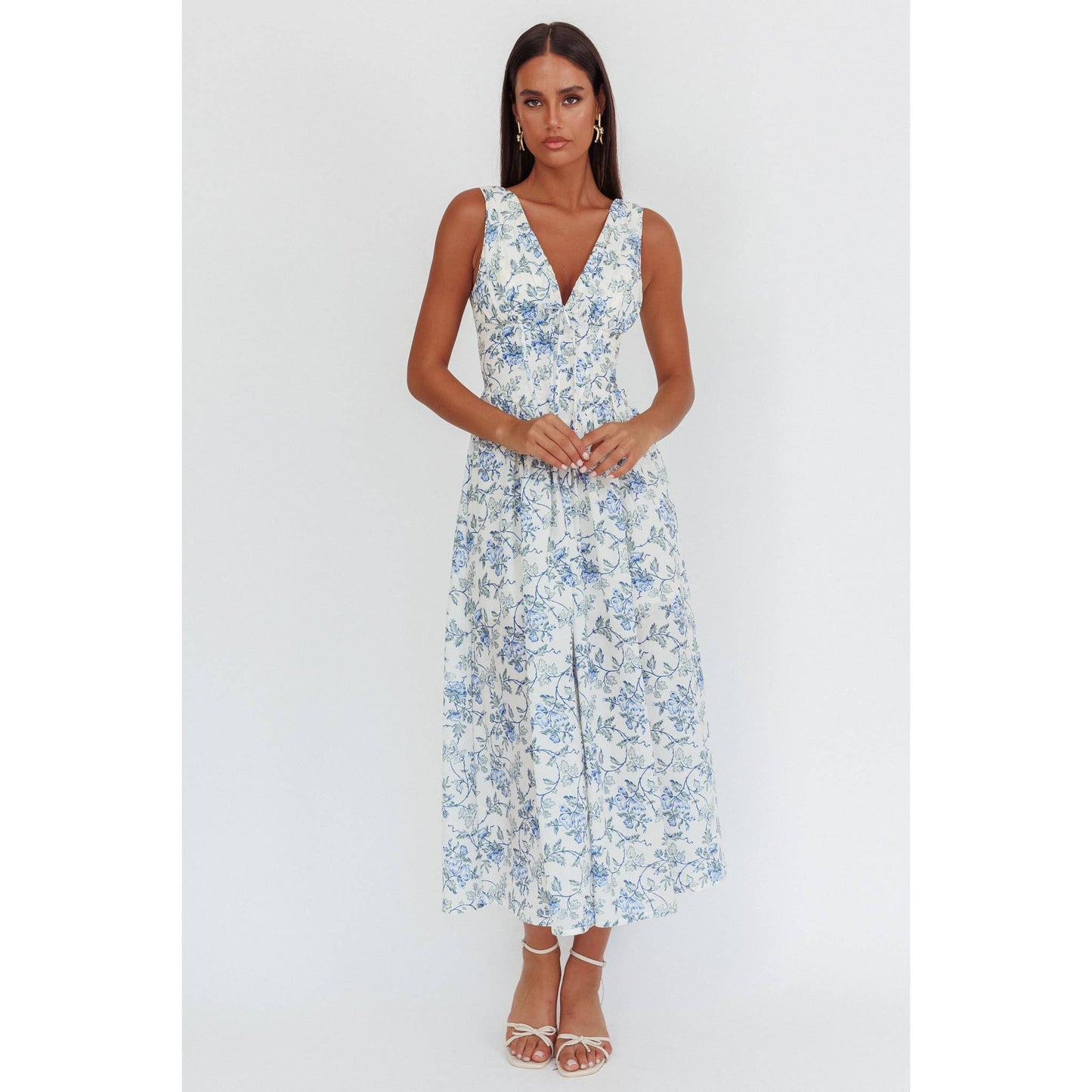 FLORAL PRINT MAXI DRESS: BLUE / ST5199D-1
