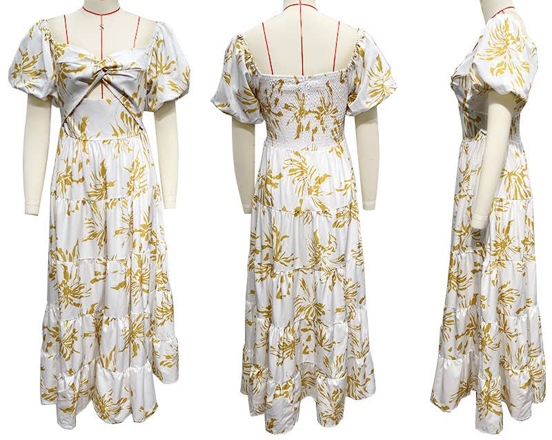 Puff off the shoulder twist floral prairie maxi dress: Yellow / RCJY00262-Yellow