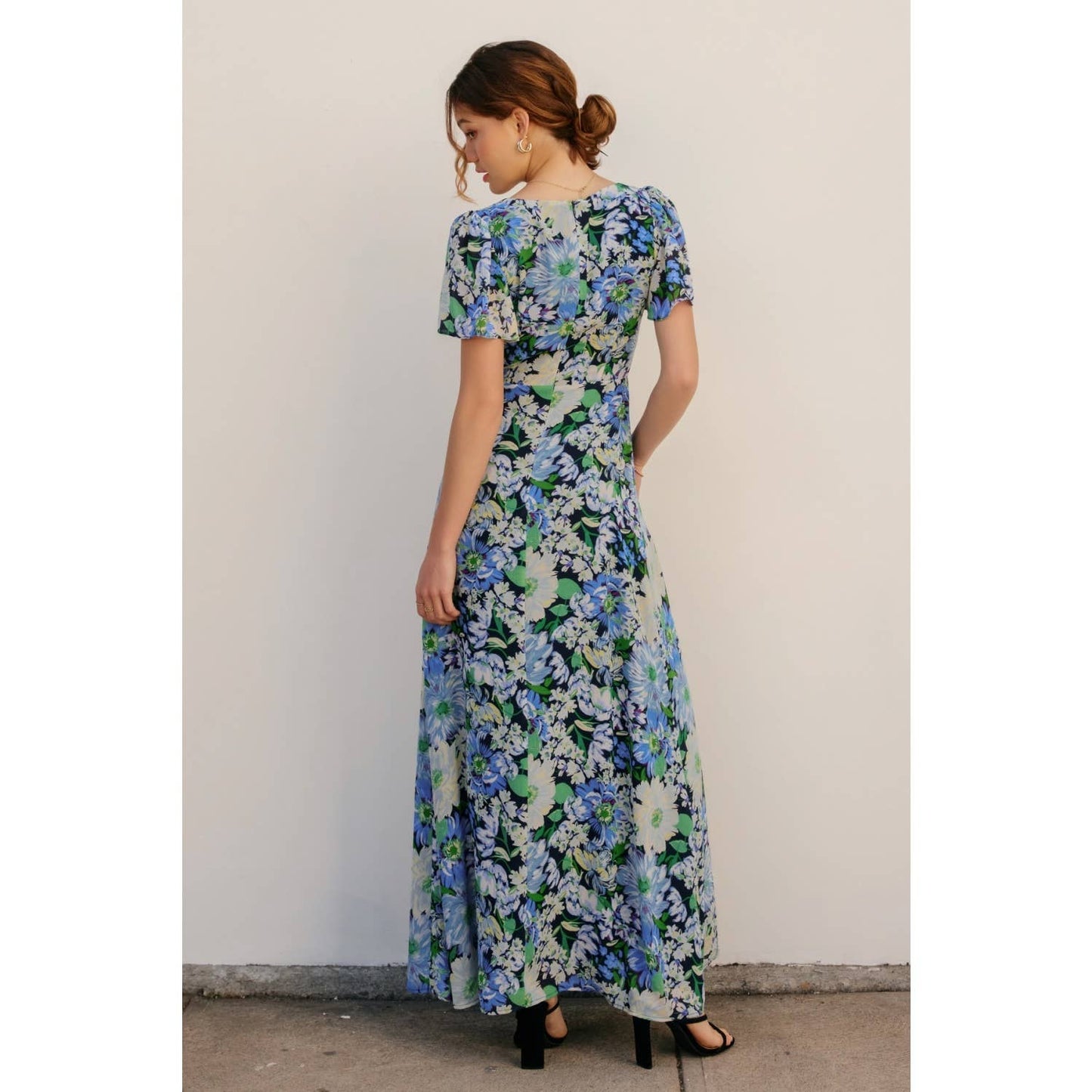 Flower Medley V Neck Flutter Sleeve Maxi Dress: NAVY PEONY / FD12607-P1933_1