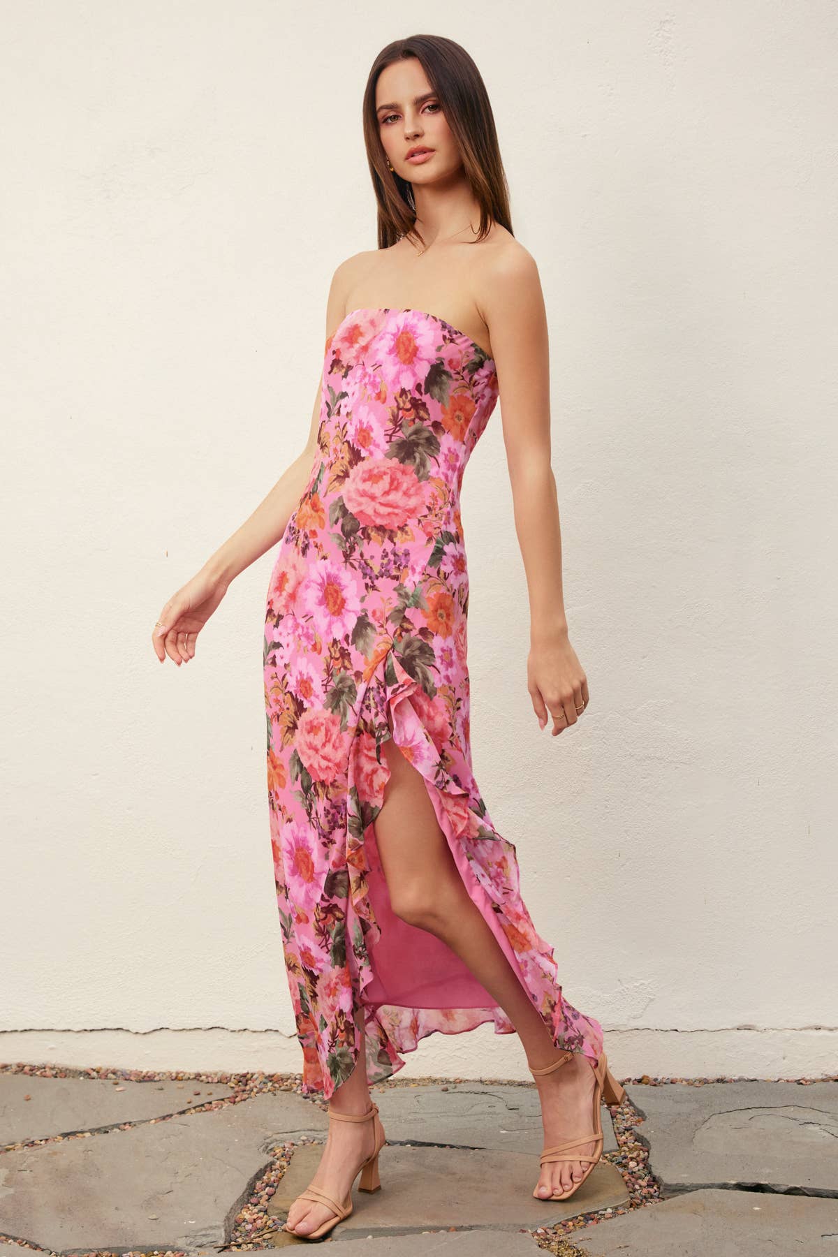 Garden Party Strapless Ruffled Slit Maxi Dress: ROSE LAVENDER / FD12726-P2091