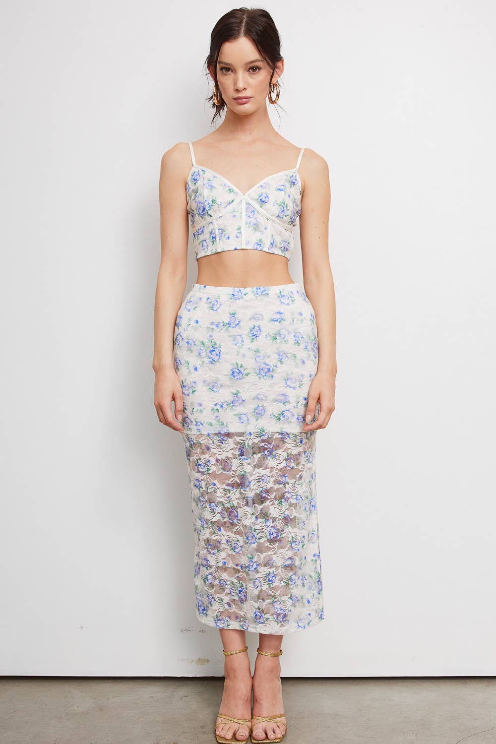 💖Only Skirt💖 MS8057 FLORAL LACE TANK + MIDI SKIRT: Baby Blue