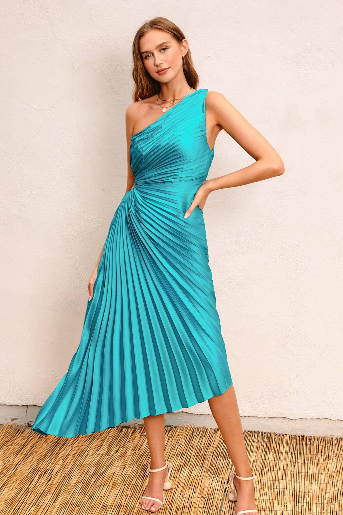 Olympia Asymmetrical Pleated Maxi Dress (1): GOLDEN OCHRE / S-M-L(3-2-1)