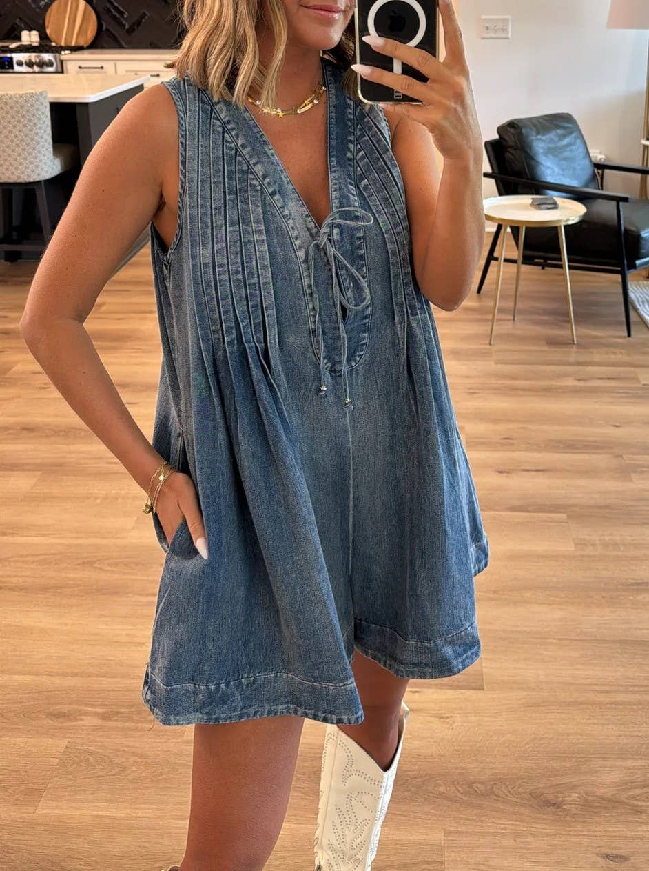 V-Neck Lace-Up Sleeveless Denim Shorts Jumpsuit: Blue / JUMPSUIT_RCXL02216