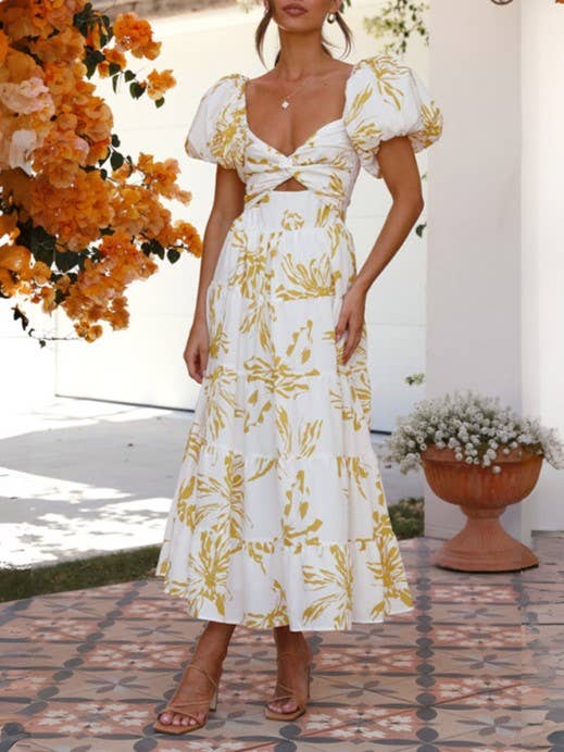 Puff off the shoulder twist floral prairie maxi dress: Yellow / RCJY00262-Yellow