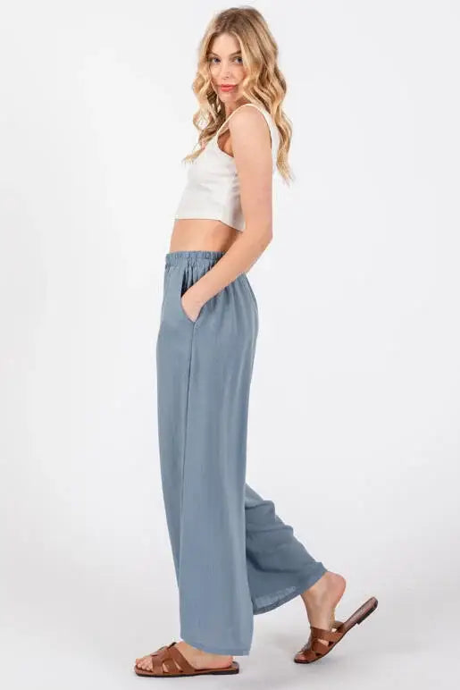 Woven Wide Leg Pull on Pants - NP16207E10: Sage Green