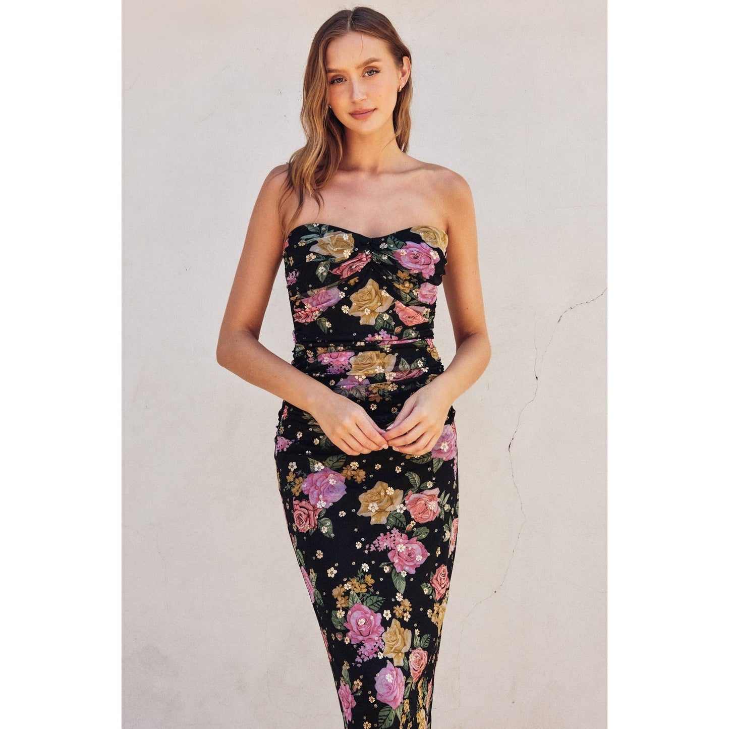 Floral Mesh Sweetheart Bodycon Maxi Dress: BLACK FD12061-P488