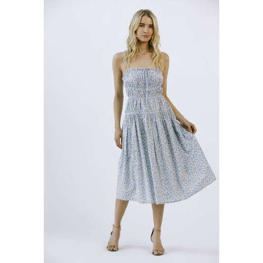 JD4560-1- FLORAL PRINT AND CONTRAST LINING MIDI DRESS: BLUE FLORAL