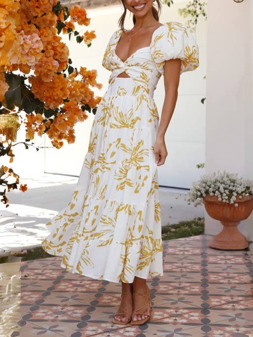 Puff off the shoulder twist floral prairie maxi dress: Yellow / RCJY00262-Yellow
