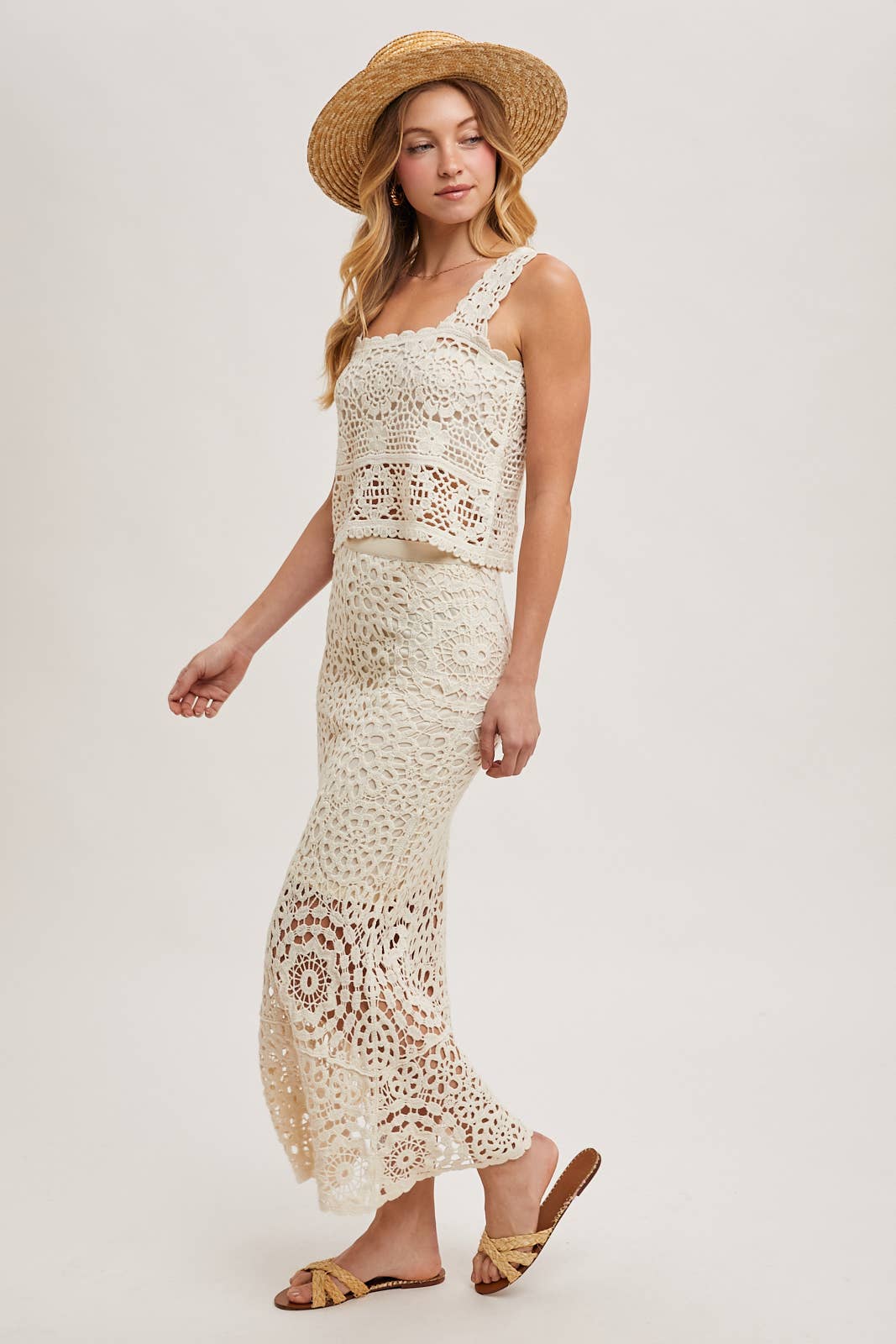 CROCHET MIDI SKIRT WITH LINING: NATURAL / B02609