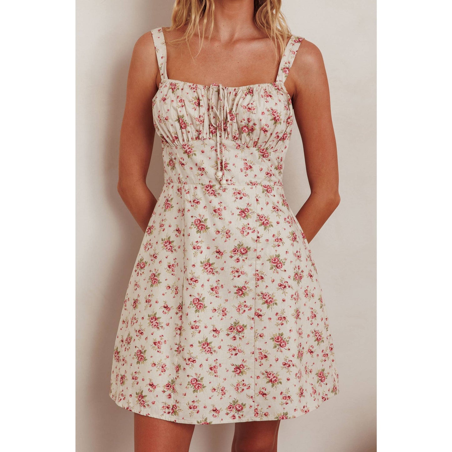 SLEEVELESS FLORAL MINI DRESS: CHERRY / SR1186J03