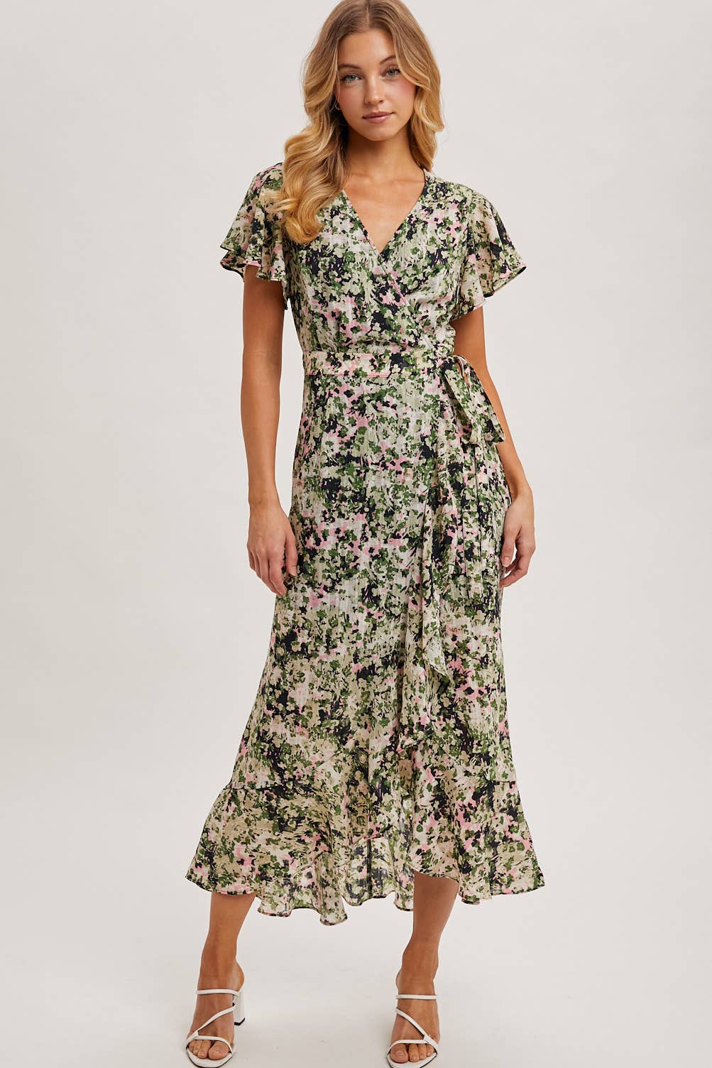 FLORAL PRINT WRAP RUFFLED MIDI DRESS: BLUE D02356