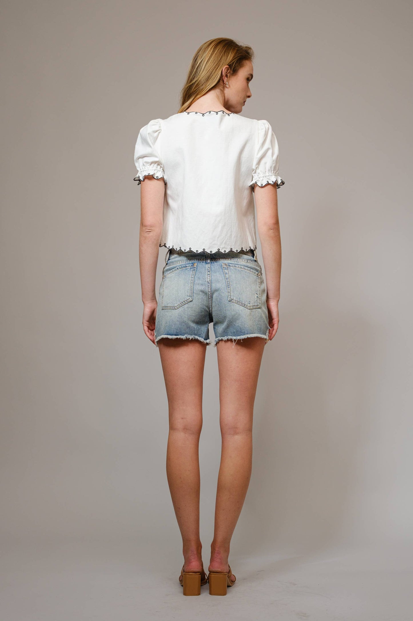 99387T - Puff Sleeve Embroidered Tie Front Blouse : WHITE / BlueB