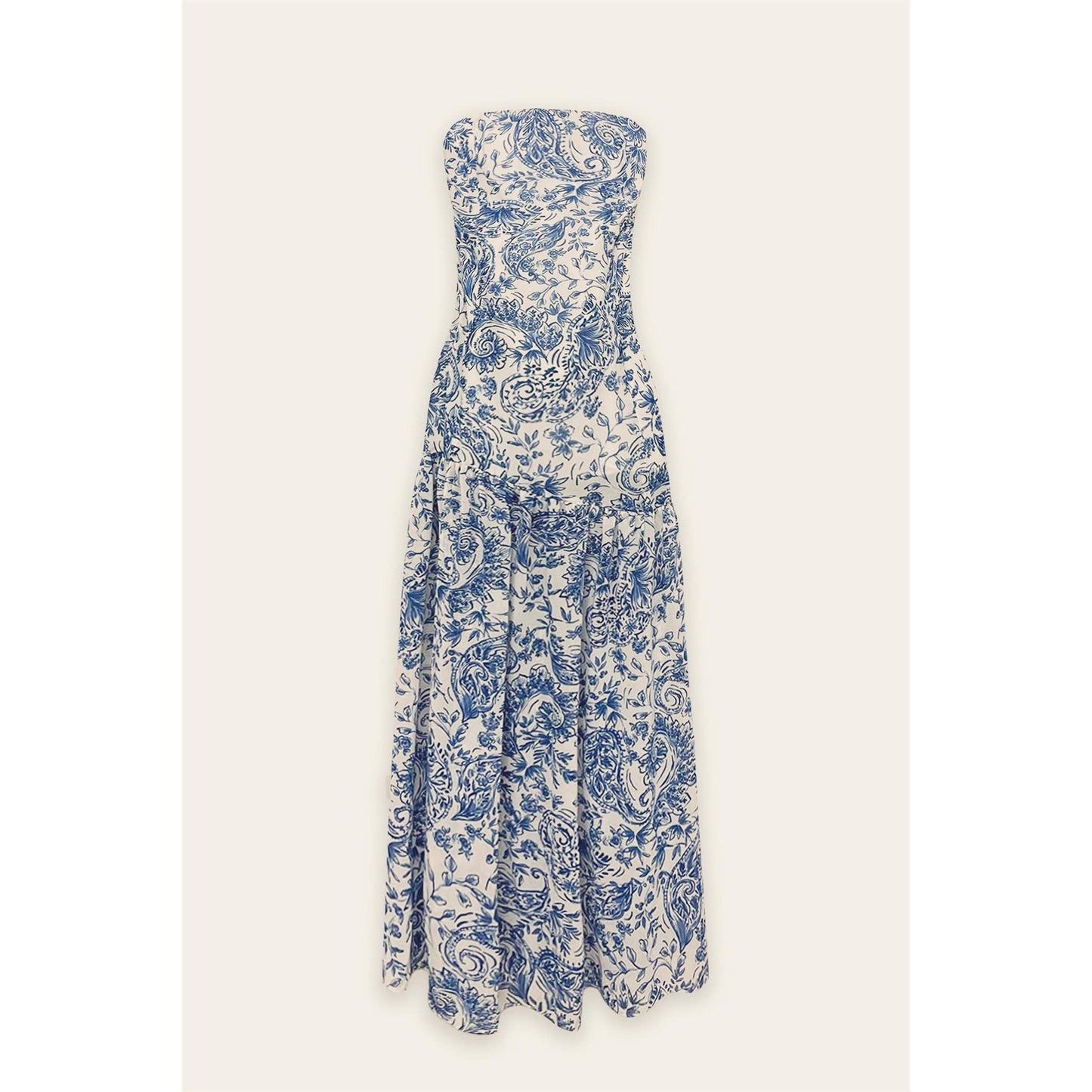 Porcelain Paisley Strapless Drop Waist Maxi Dress: RIVIERA / FD12326-P1729