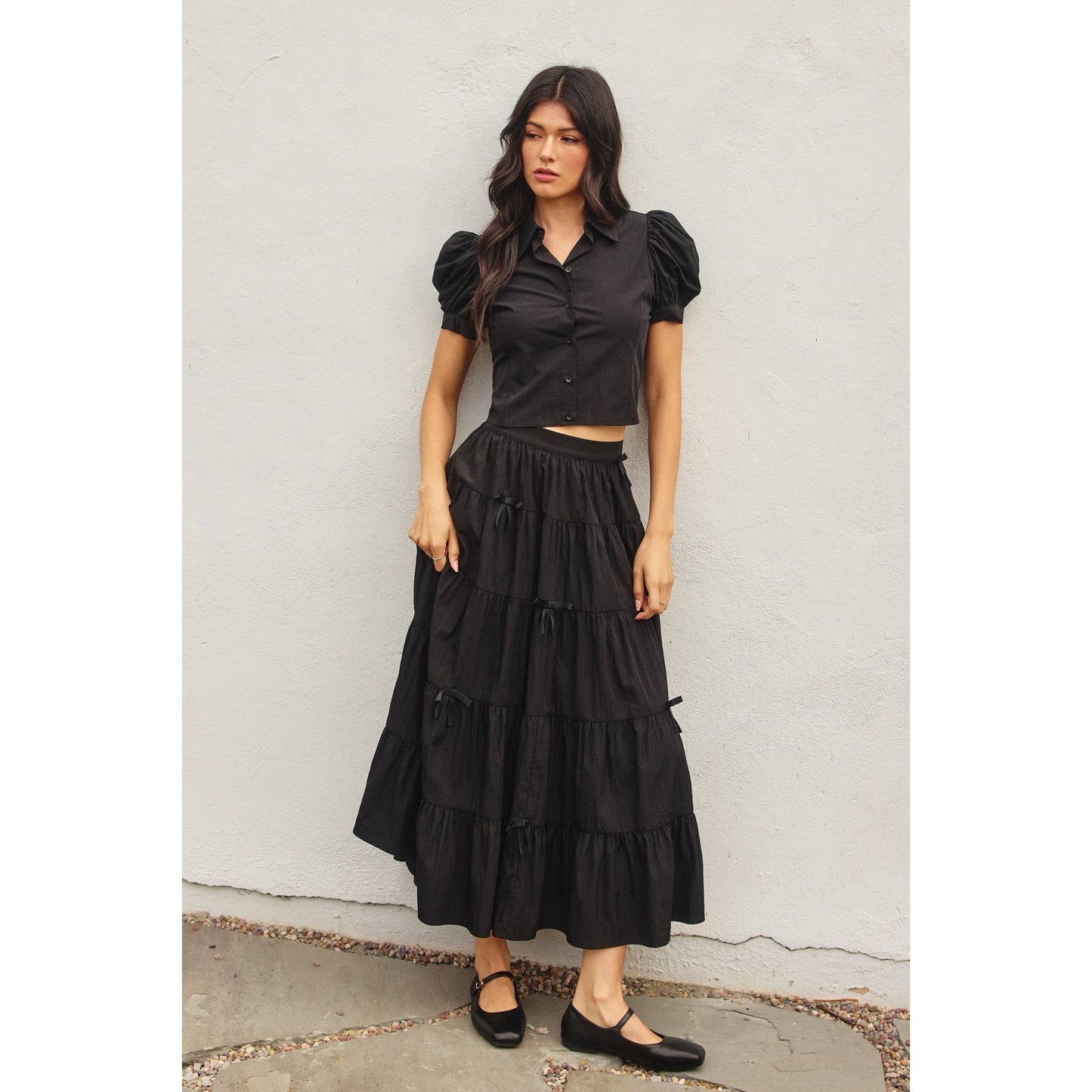 Polka Bow Tie Tiered Skirt: BLACK / FS12417-CP444