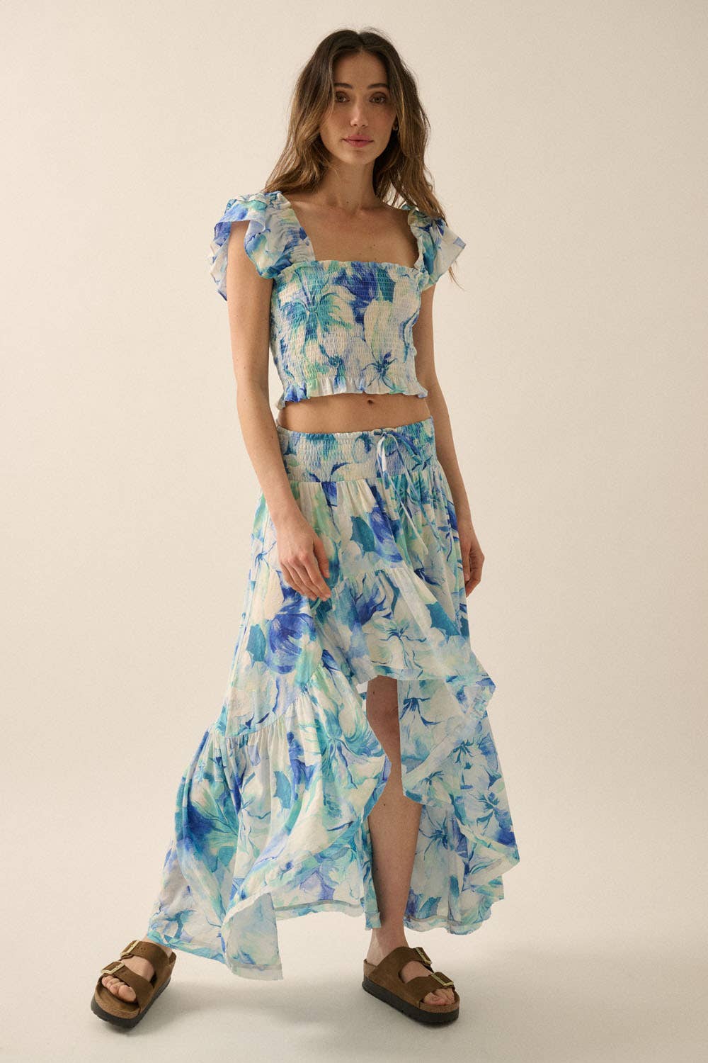 Floral Smocked Ruffle-Sleeve Off-Shoulder Crop Top: AQUA BLUE / YTC1868C