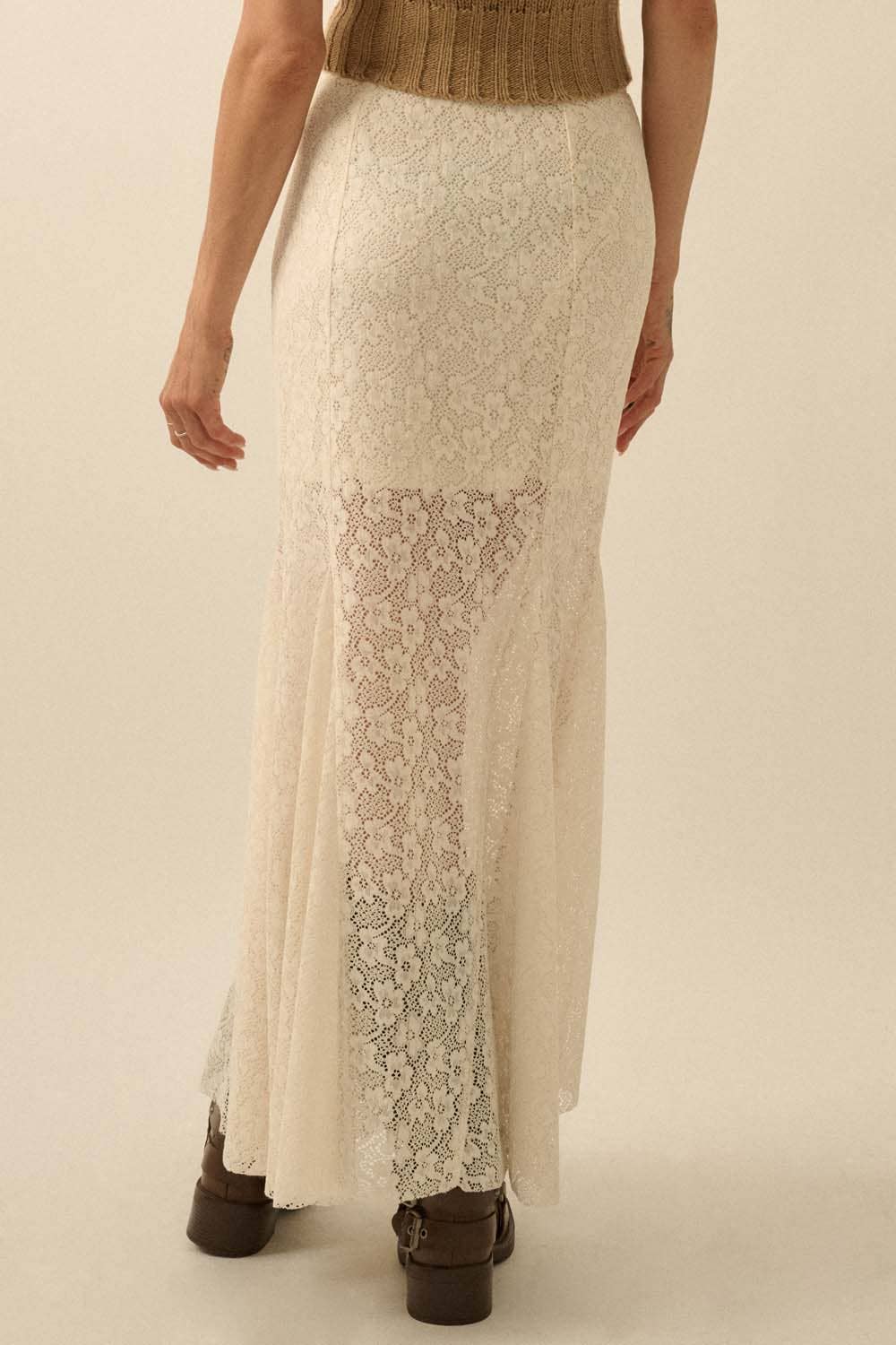 Floral Crochet Lace Fitted Mermaid Maxi Skirt: Black / FSB0126