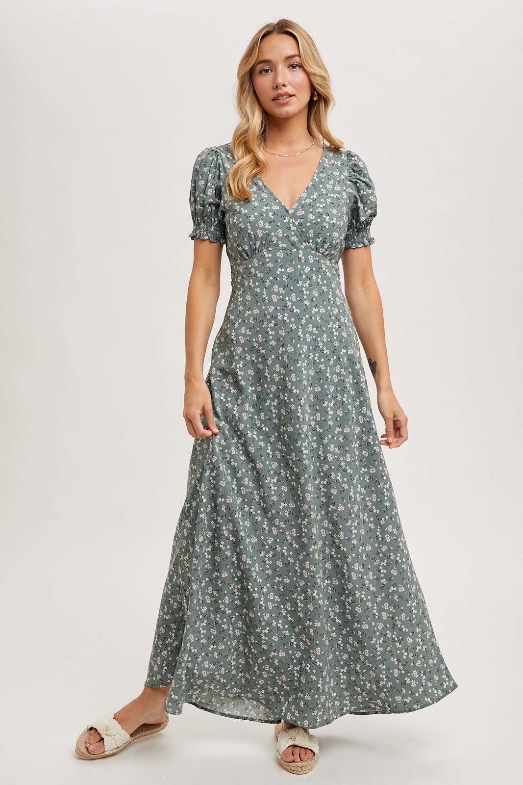 BOHO FLORAL PRINT V-NECK MAXI DRESS: Black / D02087