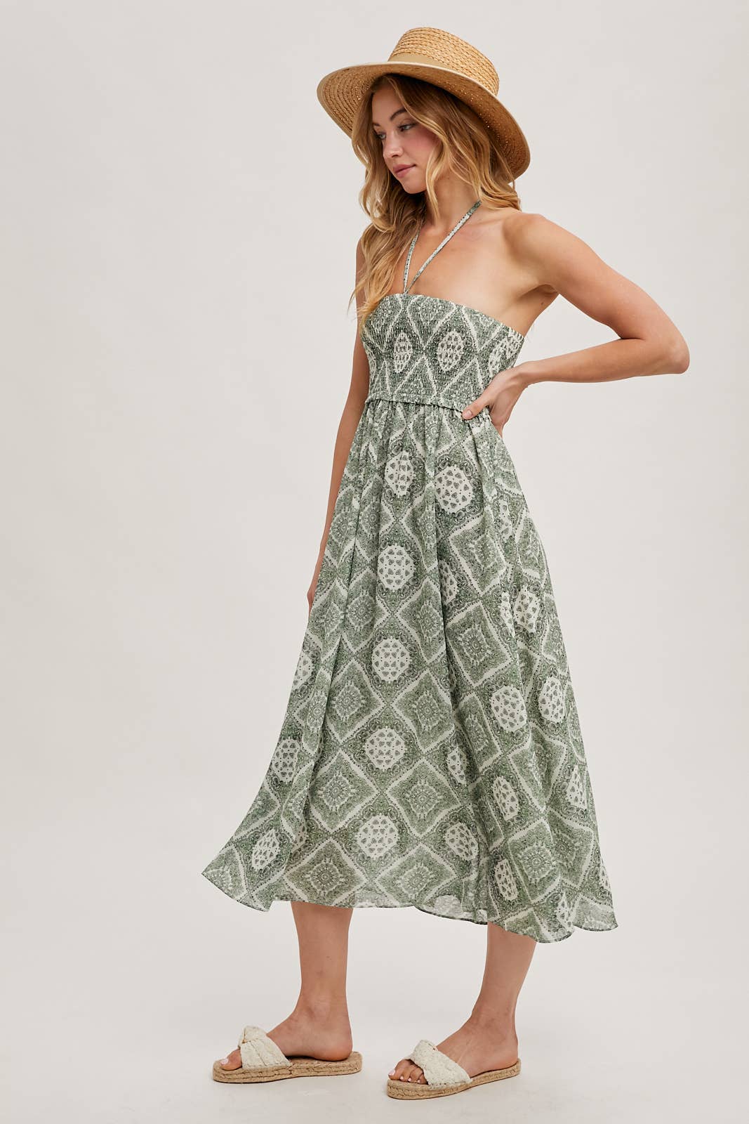 GEO PRINT SMOCKED HALTER DRESS: Green D02355