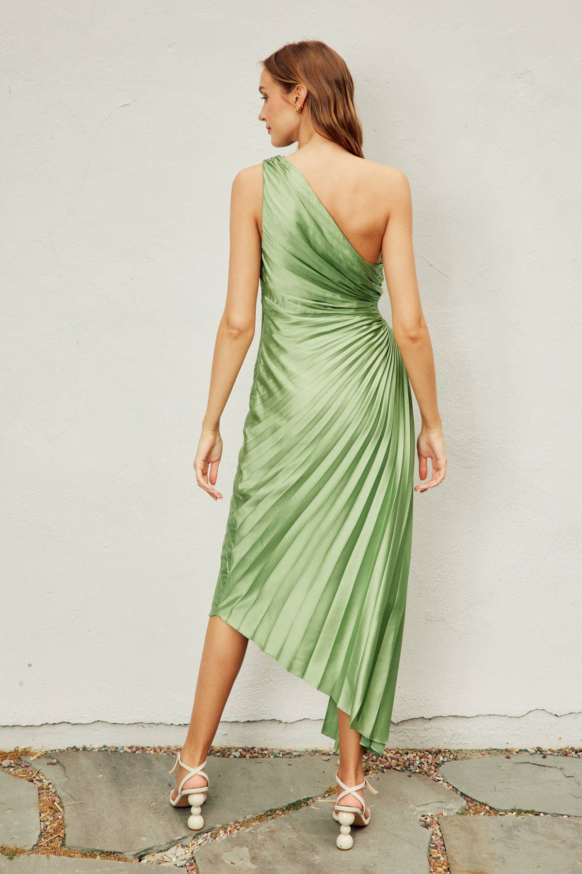 Olympia Asymmetrical Pleated Maxi Dress (1): GOLDEN OCHRE / S-M-L(3-2-1)