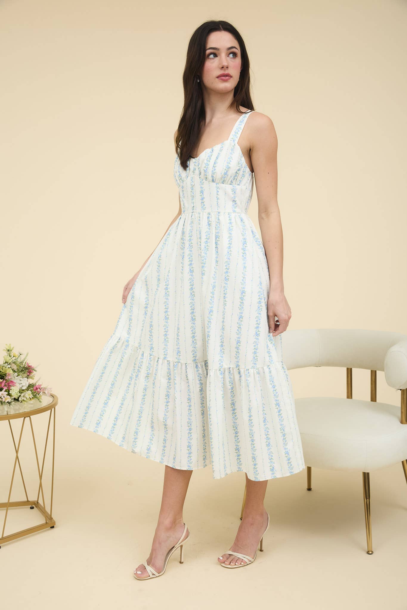 FLORAL STRIPE BUTTON DETAIL MAXI DRESS: BLUE B5SD1045