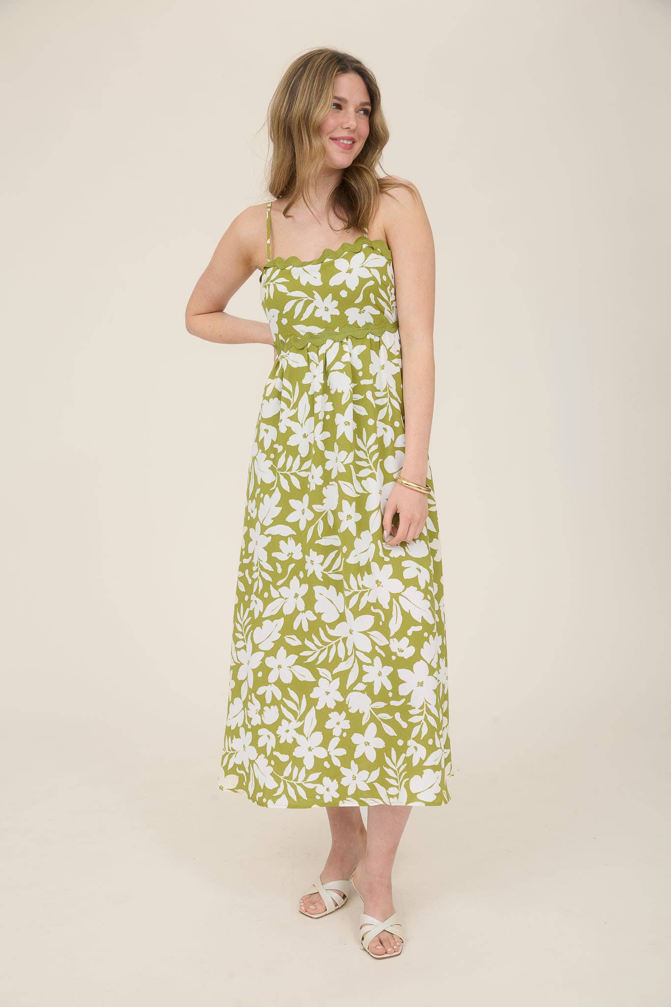 FLORAL WAVY TRIM BACK TIE MIDI DRESS: CR2562 KIWI
