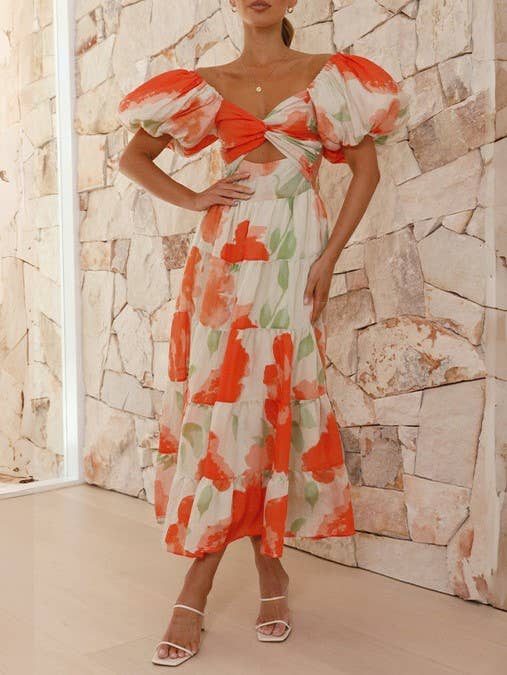 Puff off the shoulder twist floral prairie maxi dress: Yellow / RCJY00262-Yellow