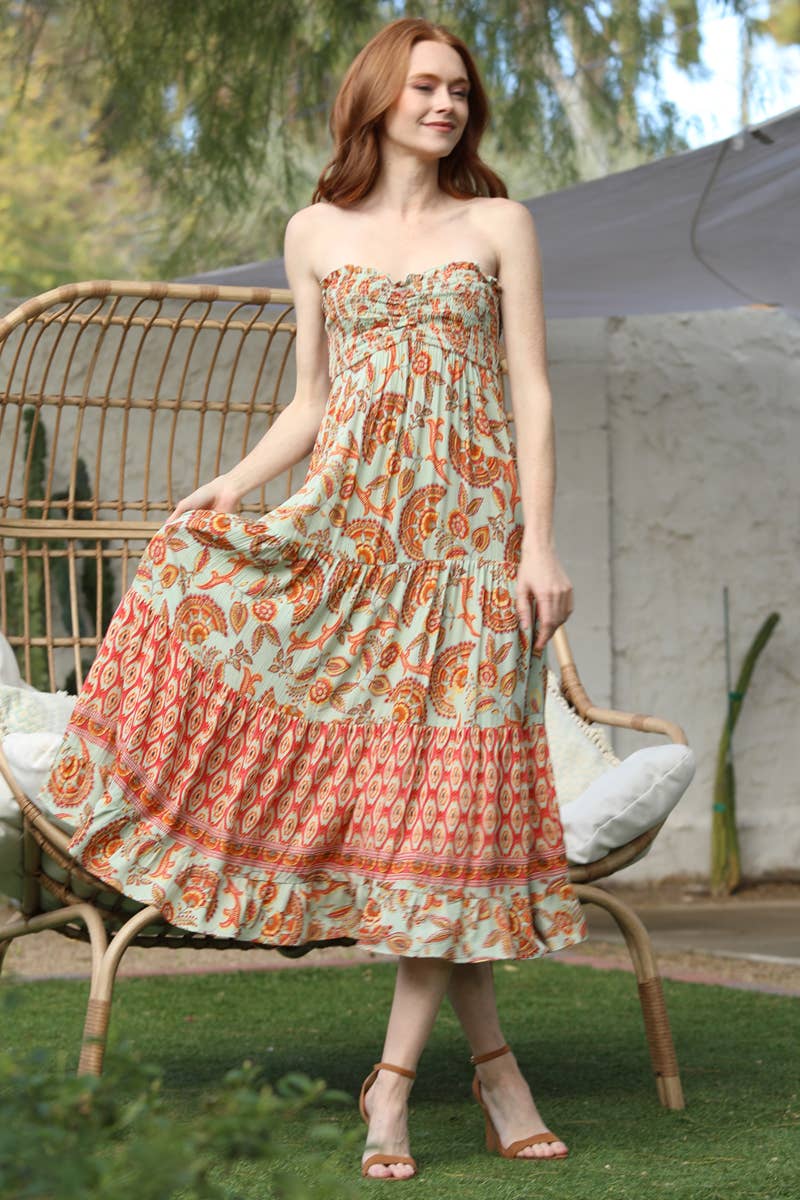 C4A90-A889 SMOCKED BUST STRAPLESS TIERED MAXI DRESS