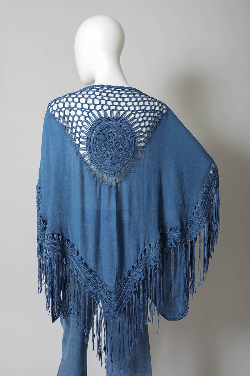 Bohemian Fringe Tassel Kimono with Crochet Medallion 🌿: Ivory