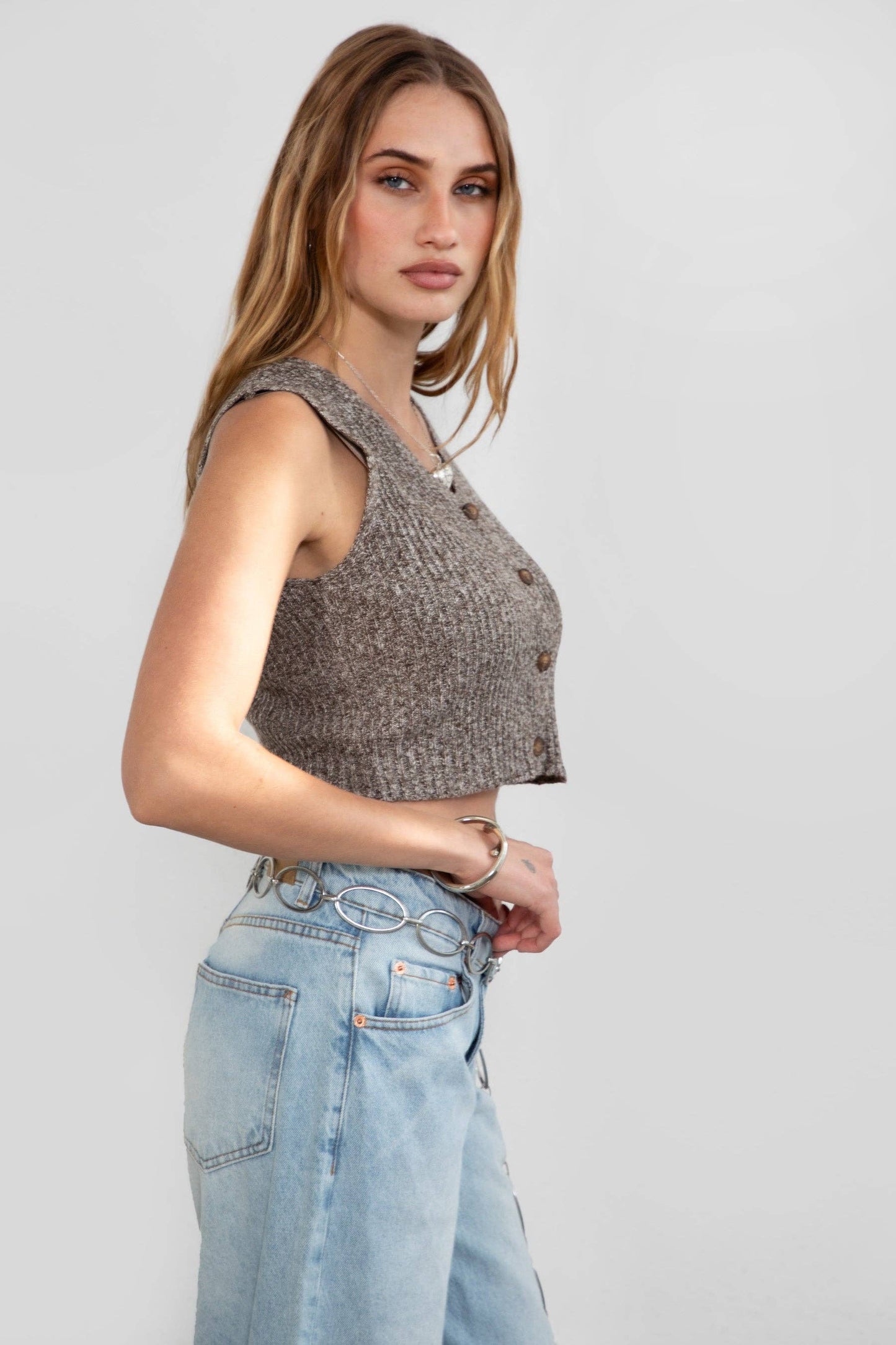 RAYCHEL Marled Ribbed Sweater Knit Vest : TC30248-RAYCHEL-BROWN