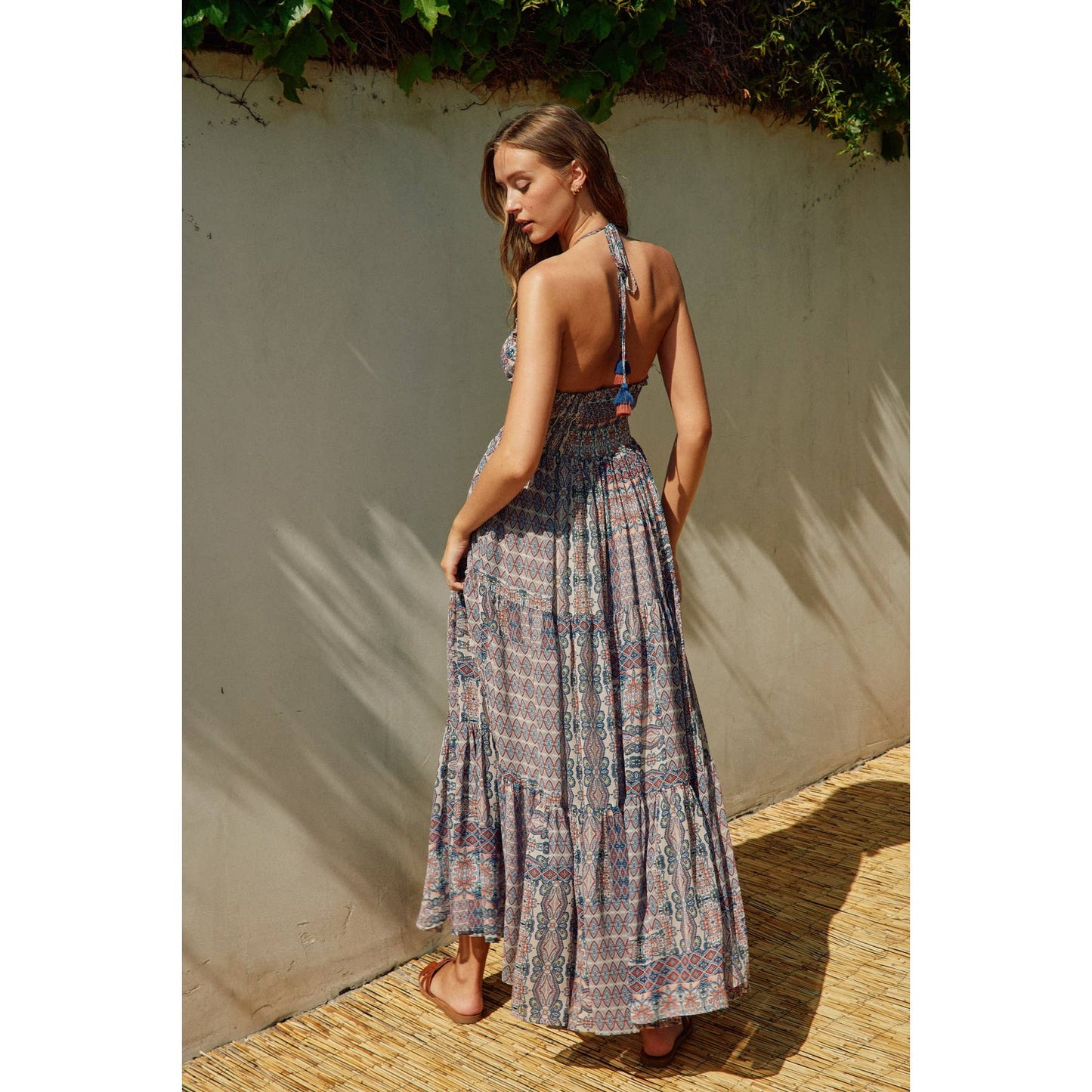 Ethnic Print Halter Open Back Maxi Dress: MOSAIC BLUE / FD10268-P394
