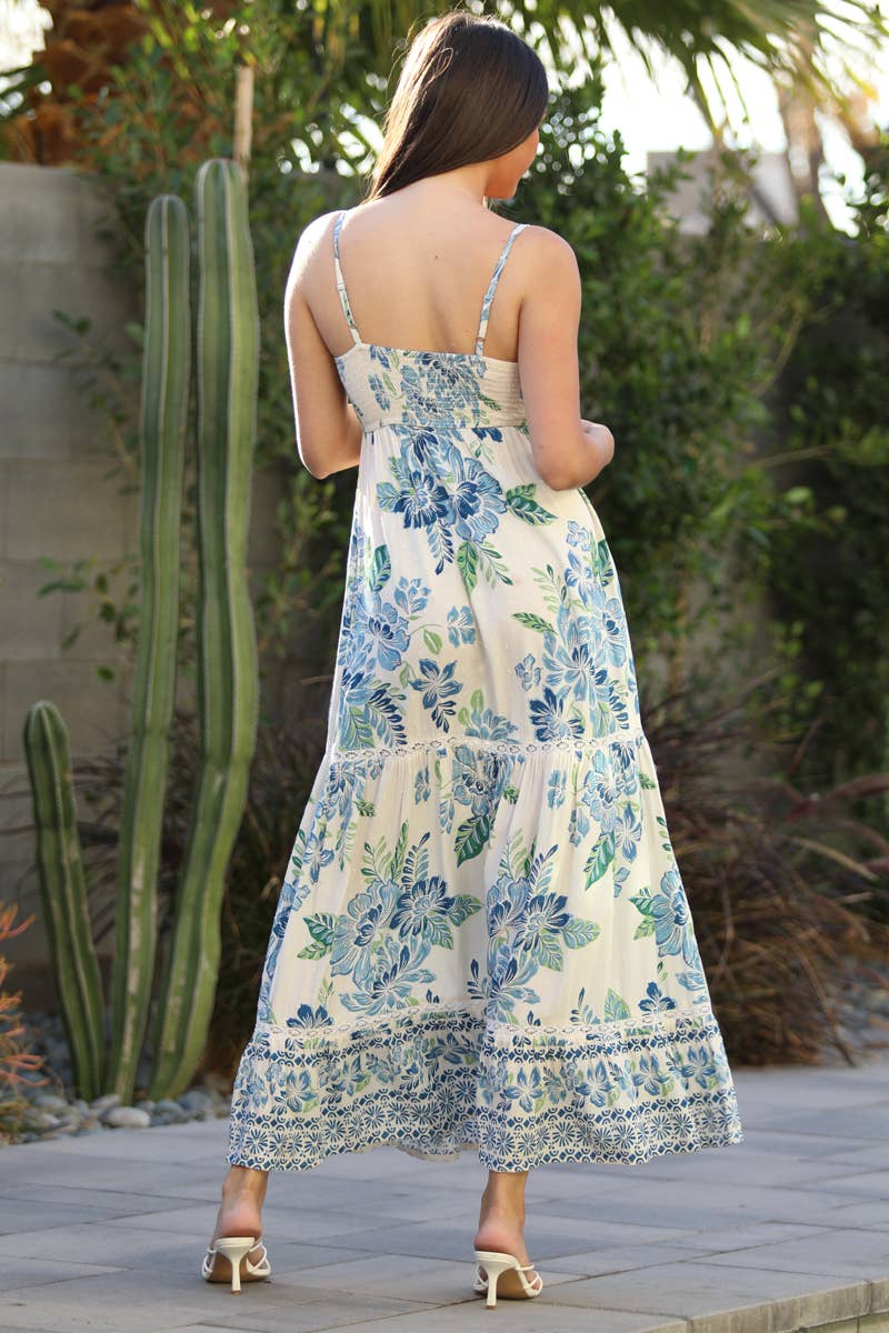 C4D08-A921 FLORAL PRINT LACE TRIM MAXI DRESS WITH POCKETS