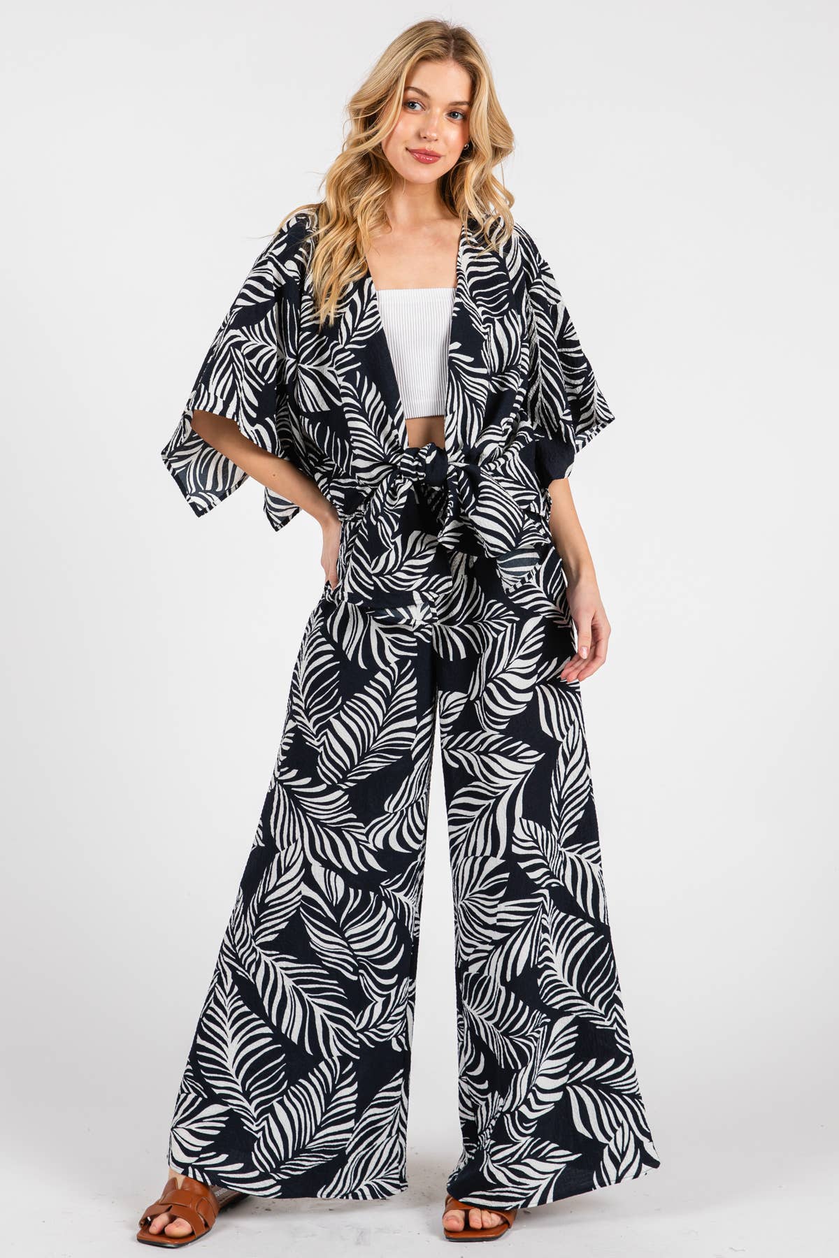 Print Wide Leg Pants - VNP70263B6: Navy/ White