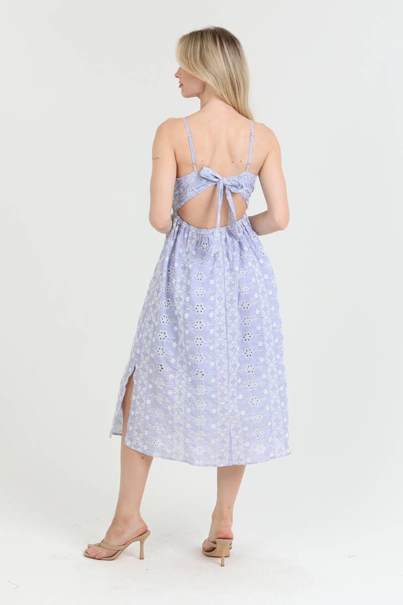 C4F92-EM26 EYELET EMBBROIDERED TIE BACK MIDI DRESS