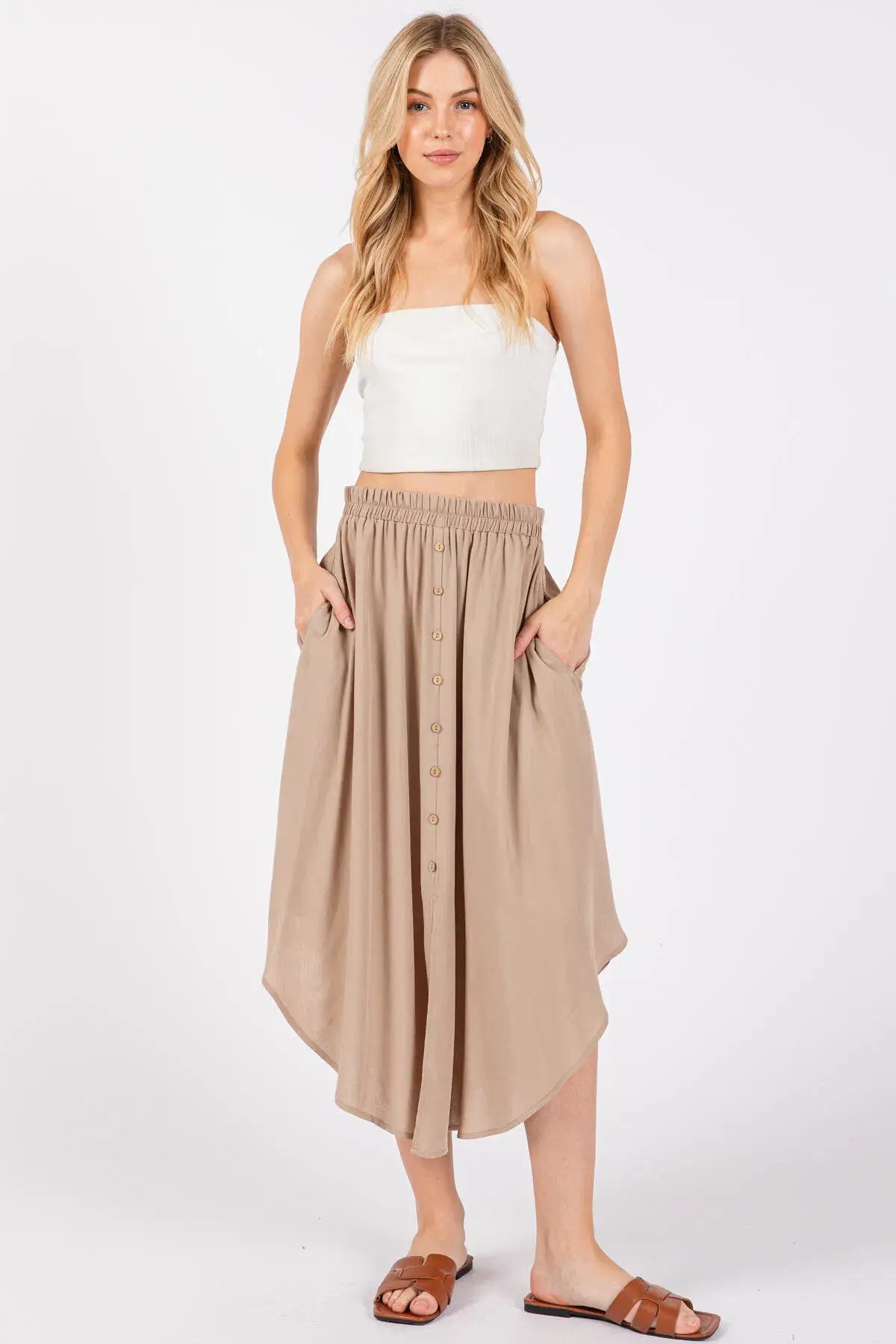 Solid Elastic Waist Midi Skirt - NS80162D: Dune