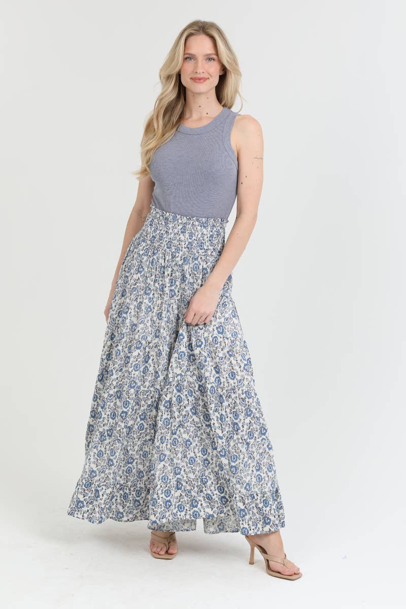 26P57-FR44 TIERED A LINE MAXI SKIRT WITH SMOCKED WAIST