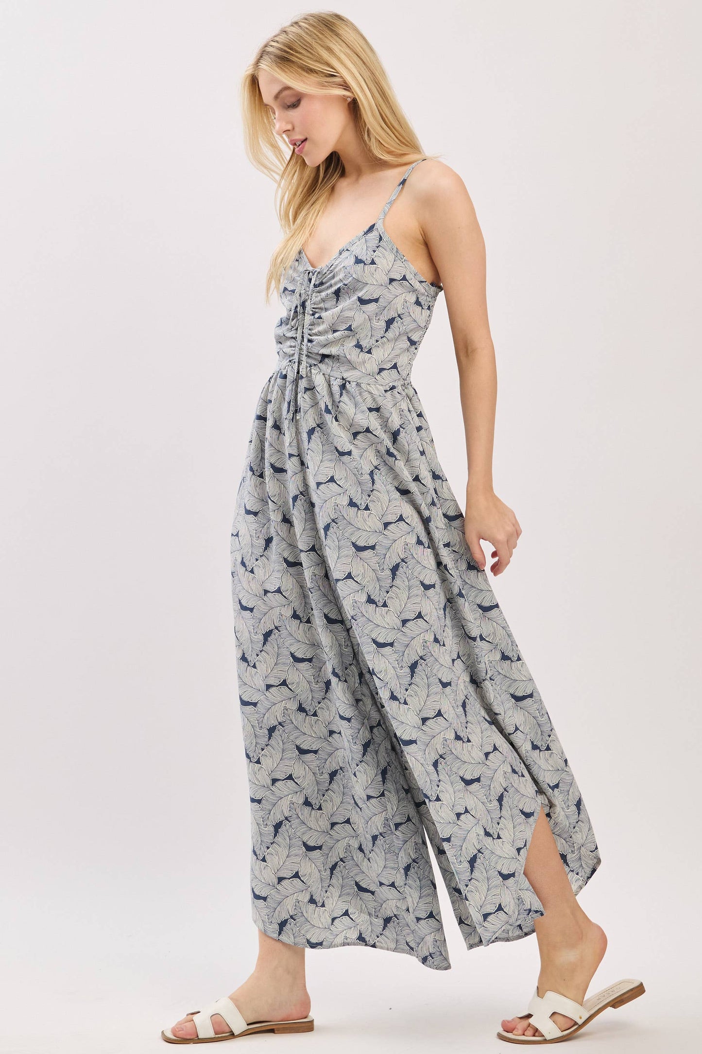 Front Ruched Round Hemming Midi Jumpsuit - VNJU60322A5: Denim Blue