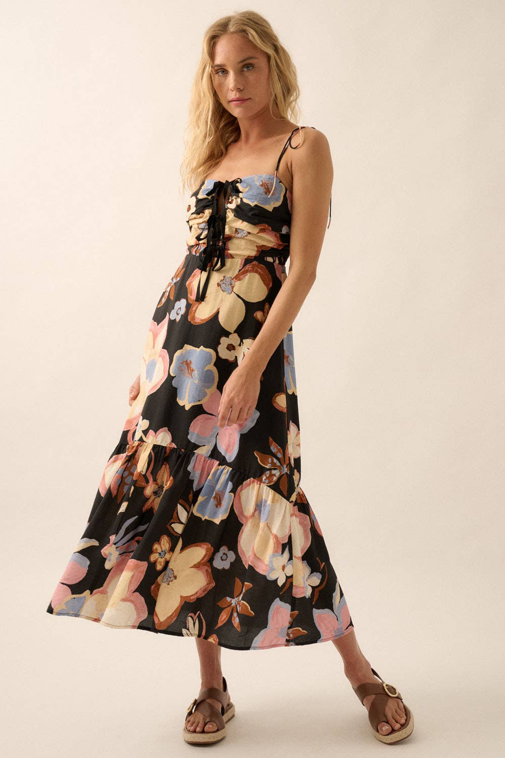 Textured Floral-Print Tie-Front Ruffle Midi Dress: CREAM / NDC2208C