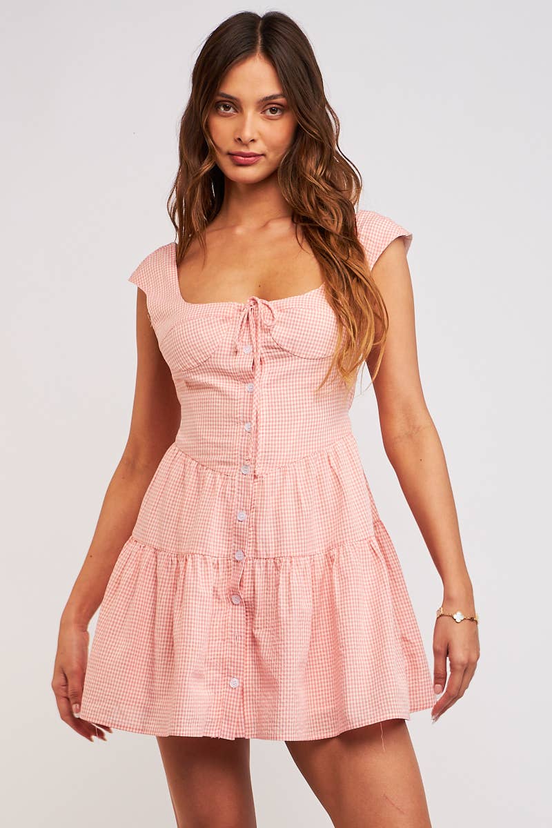 CHECHER PRINT WIDE STRAP FRONT BUTTON MINI DRESS: BK Gingham / SM-D20652B