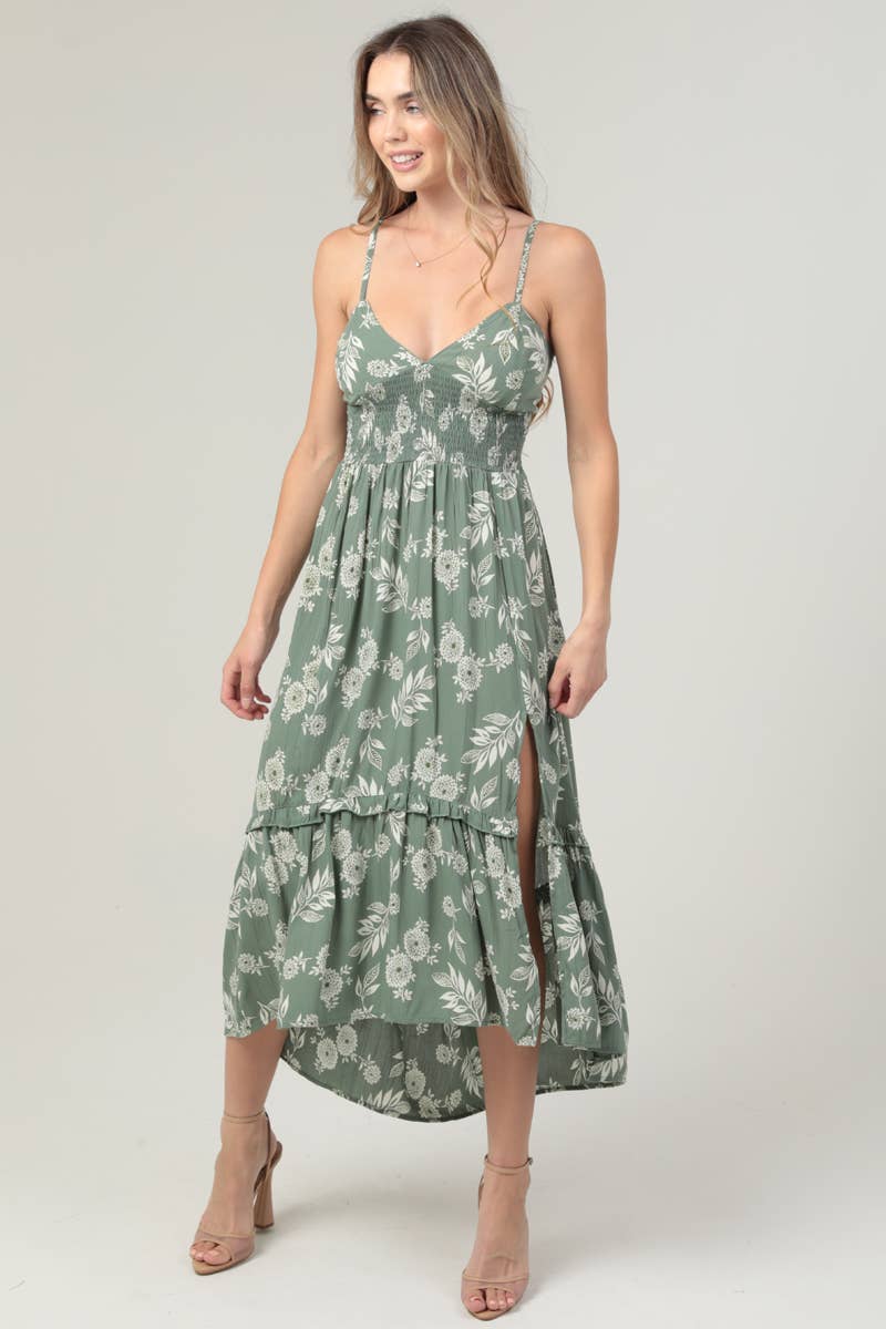 C4729-W801 V NECK LACE UP BACK SIDE SLIT MAXI DRESS