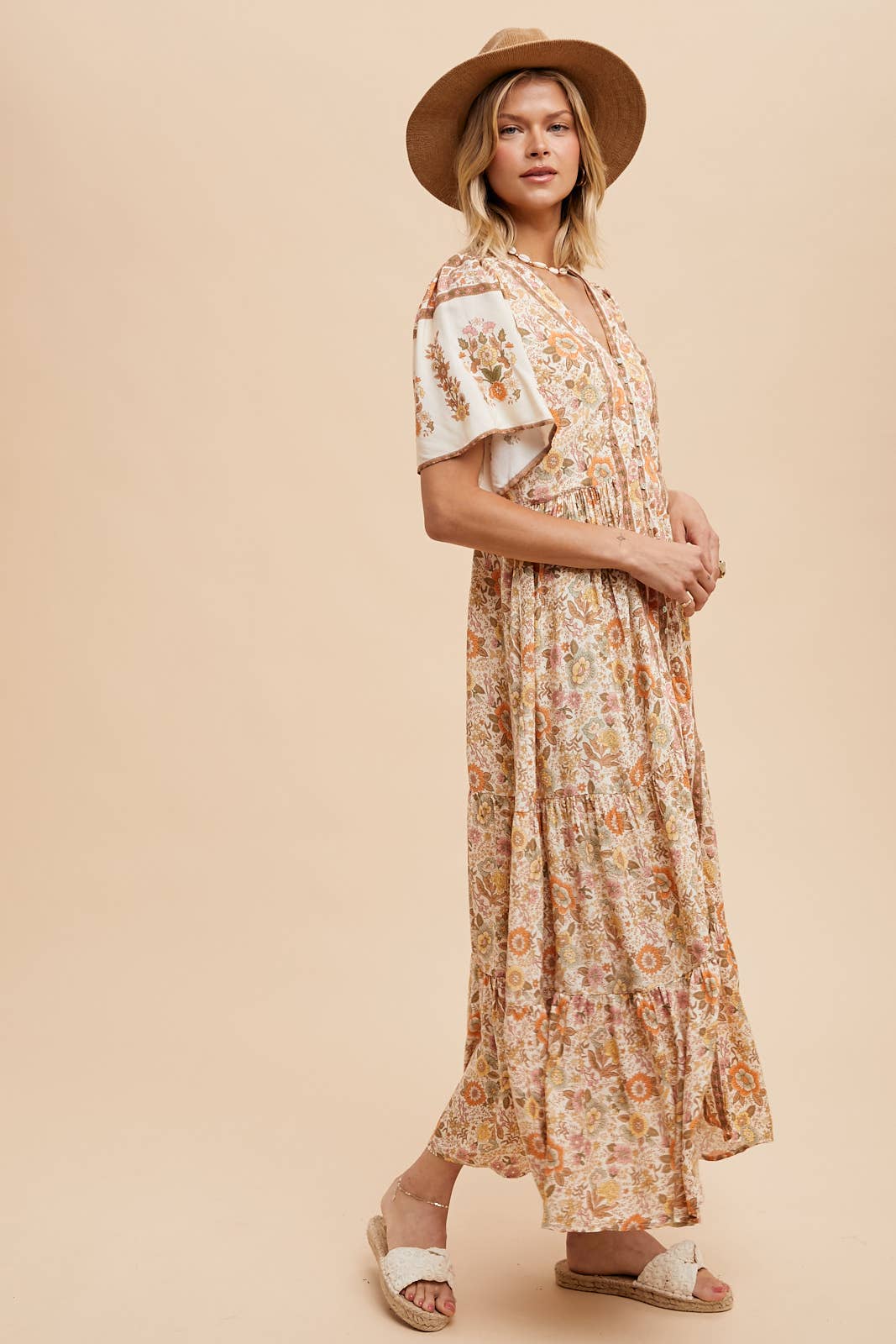BORDER PRINT BUTTON FRONT MIDI DRESS: DUSTY BLUE / ILD4971-A