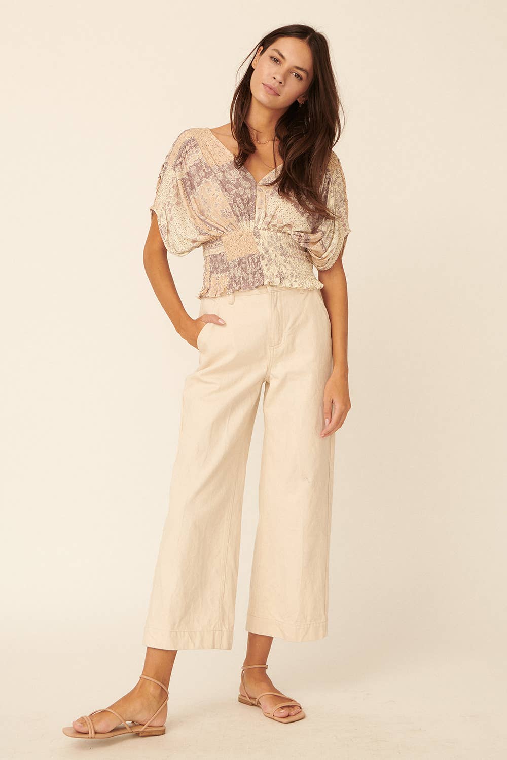 Floral-Patchwork Kimono Sleeve Smock Waist Top: Seagrass
