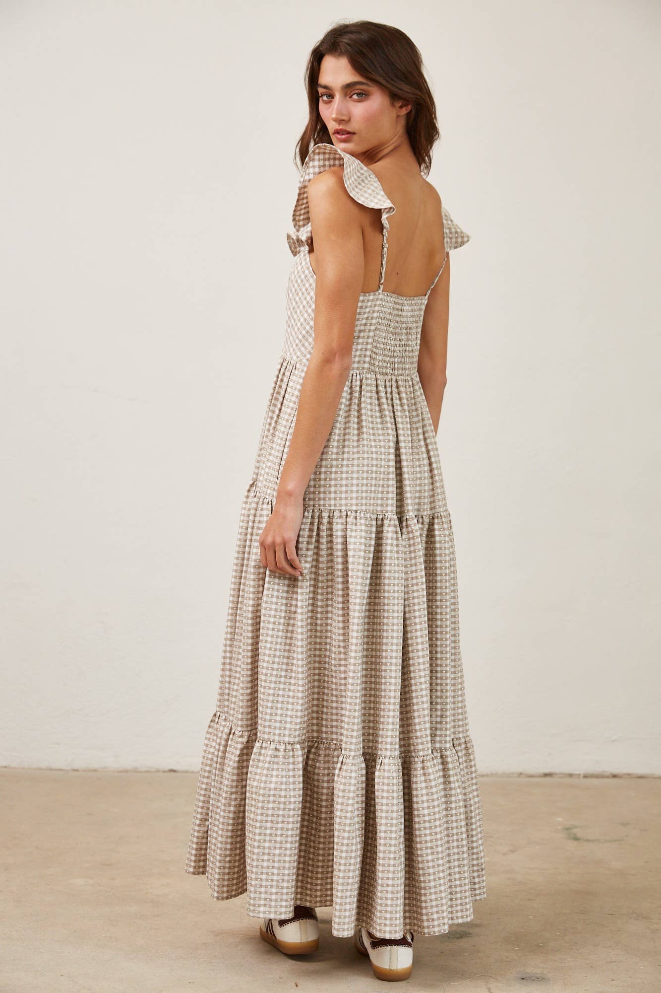 Heart Gingham Print Button Down Ruffle Maxi Dress: MOCHA / MD2567