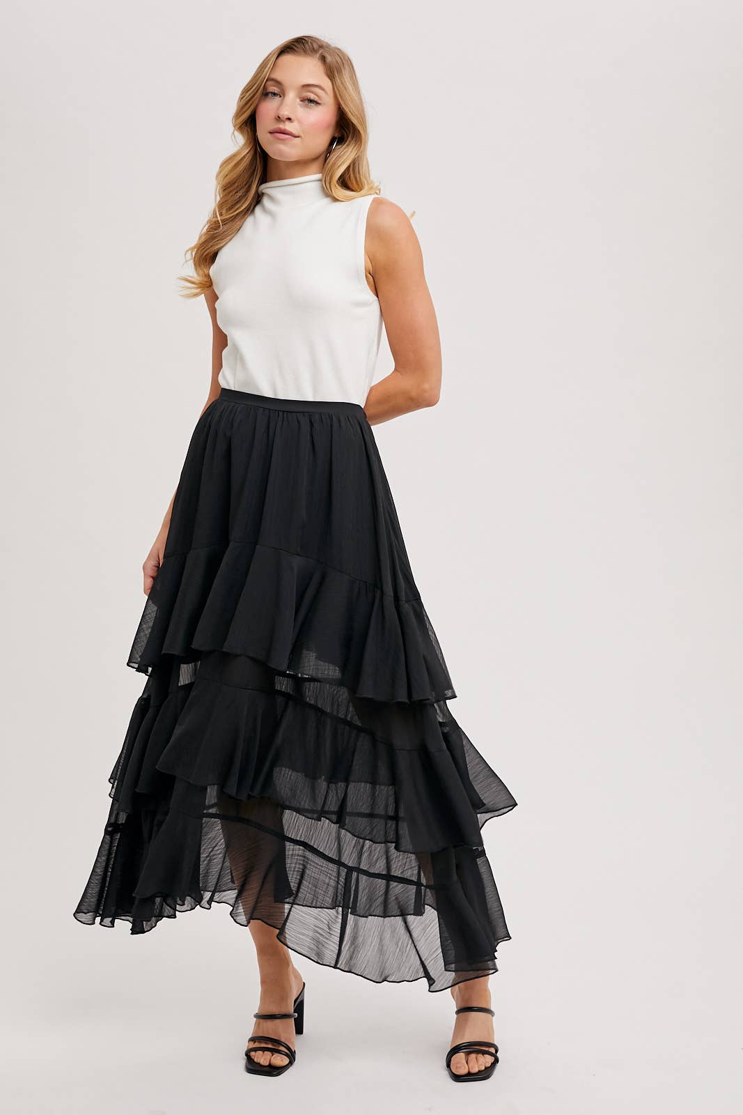 TIERED RUFFLE MAXI SKIRT WITH LINING: Black B02722