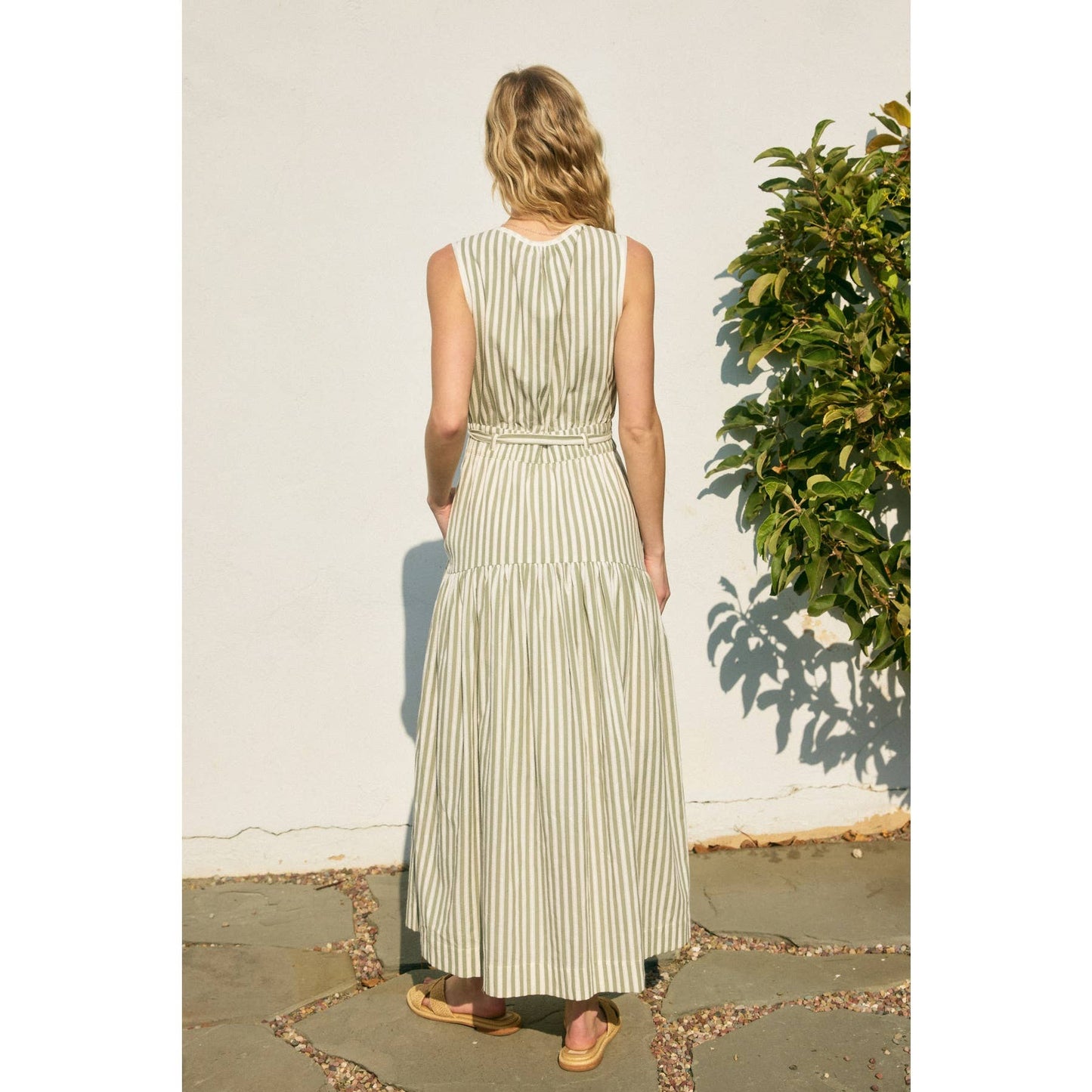 Striped Split Neck Lace Inset Maxi Dress: SAGE CREAM / FD12683-CP508